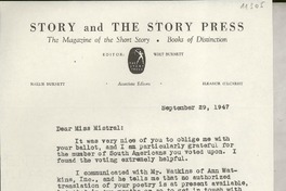 [Carta] 1947 Sept. 9, New York, [EE.UU.] [a] Gabriela Mistral, Santa Barbara, California, [EE.UU.]