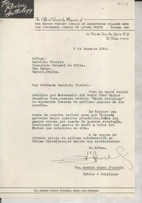 [Carta] 1952 ene. 9, New York, [EE.UU.] [a] Gabriela Mistral, Nápoli, Italia