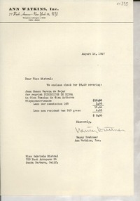 [Carta] 1947 Aug. 14, New York, [EE.UU.] [a] Gabriela Mistral, Santa Barbara, Calif[ornia], [EE.UU.]