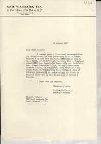 [Carta] 1947 Aug. 26, New York, [EE.UU.] [a] C[onsuelo] Saleva, Santa Barbara, Calif[ornia], [EE.UU.]