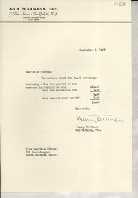 [Carta] 1947 Sept. 5, New York, [EE.UU.] [a] Gabriela Mistral, Santa Barbara, Calif[ornia], [EE.UU.]