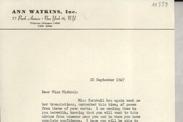 [Carta] 1947 Sept. 22, New York, [EE.UU.] [a] Gabriela Mistral, Santa Barbara, Calif[ornia], [EE.UU.]