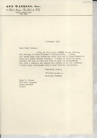 [Carta] 1947 Oct. 9, New York, [EE.UU.] [a] C[onsuelo] Salena [i.e. Saleva], Santa Barbara, Calif[ornia], [EE.UU.]