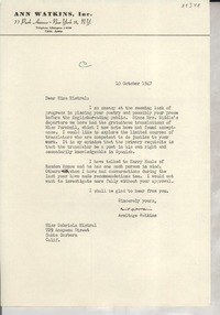 [Carta] 1947 Oct. 10, New York, [EE.UU.] [a] Gabriela Mistral, Santa Barbara, Calif[ornia], [EE.UU.]