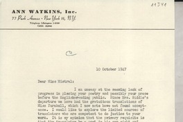 [Carta] 1947 Oct. 10, New York, [EE.UU.] [a] Gabriela Mistral, Santa Barbara, Calif[ornia], [EE.UU.]