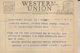 [Telegrama] 1955 Feb. 7, Chicago, Illinois [a] Gabriela Mistral, New York