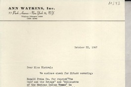 [Carta] 1947 Oct. 22, New York, [EE.UU.] [a] Gabriela Mistral, Santa Barbara, Calif[ornia], [EE.UU.]