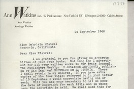 [Carta] 1946 Sept. 26, [New York, EE.UU.] [a] Gabriela Mistral, Monrovia, California