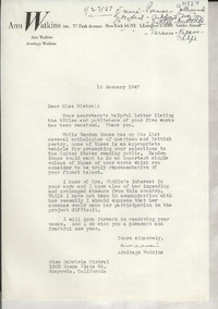 [Carta] 1947 Jan. 16, [New York, EE.UU.] [a] Gabriela Mistral, Monrovia, California