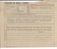 [Telegrama] 1945 nov. 18, Truro, [Massachusetts], [EE.UU.] [a] Gabriela Mistral, Petrópolis, RJ, [Brasil]