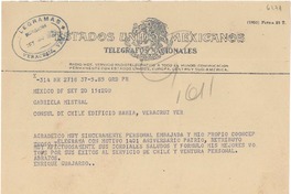 [Telegrama] 1950 sept. 20, México D.F. [a] Gabriela Mistral, Veracruz, [México]