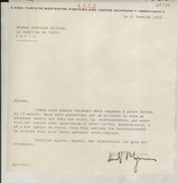 [Carta] 1946 févr. 21, [Copenhague], [Dinamarca] [a] Babriela [i.e. Gabriela] Mistral, Paris, [France]