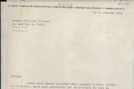 [Carta] 1946 févr. 21, [Copenhague], [Dinamarca] [a] Babriela [i.e. Gabriela] Mistral, Paris, [France]