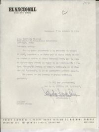 [Carta] 1954 oct. 7, Caracas [a] Gabriela Mistral, Santiago, Chile