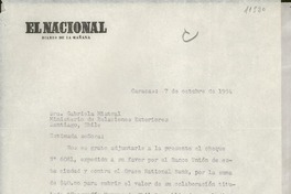 [Carta] 1954 oct. 7, Caracas [a] Gabriela Mistral, Santiago, Chile