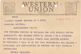 [Telegrama] 1948 jul. 9, New York, [EE.UU.] [a] Gabriela Mistral, Santa Barbara, Calif., [EE.UU.]