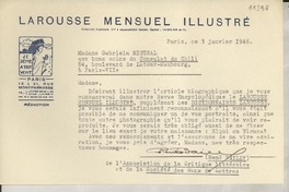 [Carta] 1946 janv. 21, París [a] Gabriela Mistral, París