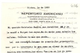 [Carta] 1950 dic. 1, San José, Costa Rica [a] Gabriela [Mistral]