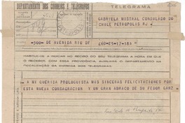 [Telegrama] 1945 nov. 17, Río de Janeiro [a] Gabriela Mistral, Petrópolis