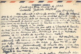 [Carta] 1947 mar. 15, Santiago, [Chile] [a] Gabriela Mistral, Los Angeles