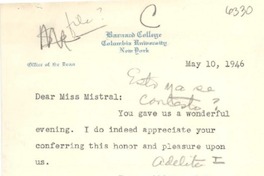 [Carta] 1946 mayo 10, New York, [Estados Unidos] [a] [Gabriela] Mistral