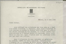 [Carta] 1946 juin 4, Milano, [Italia] [a] Chere Madame Gabrielle [i.e. Gabriela] Mistral, Consolado Generale de Chili, Los Angeles