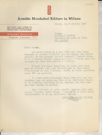 [Carta] 1947 janv. 20, Milano, [Italia] [a] Chere Madame Gabrielle [i.e. Gabriela] Mistral, Consolado Generale de Chili, Los Angeles