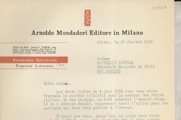 [Carta] 1947 janv. 20, Milano, [Italia] [a] Chere Madame Gabrielle [i.e. Gabriela] Mistral, Consolado Generale de Chili, Los Angeles