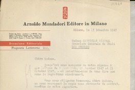 [Carta] 1947 déc. 13, Milano, [Italia] [a] Chere Madame Gabrielle [i.e. Gabriela] Mistral, Consolado Generale de Chili, Los Angeles