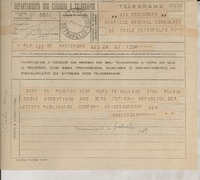 Telegrama 1945 Nov. 27, Amsterdam, [Holanda] [a] Gabriela Mistral Consulate of Chile, Petropolis, RJ