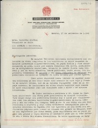 [Carta] 1949 set. 27, Madrid, [España] [a la] Srta. Gabriela Mistral, Consulado de Chile, Los Angeles, California, [EE.UU.]