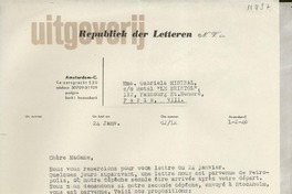 [Carta] 1946 janv. 24, Amsterdam, [Holanda] [a] Mme. Gabriela Mistral, Hotel "Le Bristol", 112, Faubourg St. Honoré, Paris