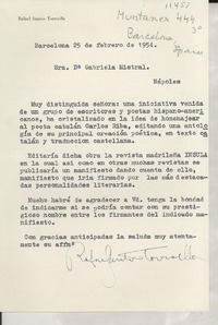 [Carta] 1954 feb. 25, Barcelona, [España] [a la] Sra. Doña Gabriela Mistral, Nápoles, [Italia]