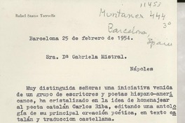 [Carta] 1954 feb. 25, Barcelona, [España] [a la] Sra. Doña Gabriela Mistral, Nápoles, [Italia]