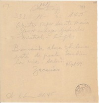 [Carta] 1954 sept. 6, Santiago, [Chile] [a] Gabriela Mistral, abordo del Vapor Santa María