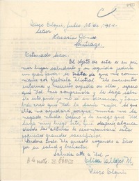 [Carta] 1954 jul. 15, Pisco Elqui, [Chile] [a] Zacarías Goméz, Gabriela Mistral