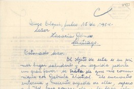 [Carta] 1954 jul. 15, Pisco Elqui, [Chile] [a] Zacarías Goméz, Gabriela Mistral
