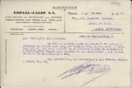 Memorándum 1936 feb. 26, Madrid, [España] [a la] Sra. Doña Gabriela Mistral, Cónsul de Chile, Lisboa, Portugal