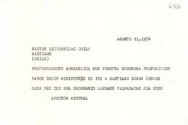 [Telegrama] 1954 ago. 21, [Estados Unidos] [al] Rector de la Universidad de Chile [Juan Gomez Millas], Santiago, Chile