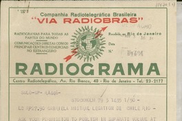 [Telegrama] 1954 Nov. 3, Stockholm, [Suecia] [a] Gabriela Mistral, Legation de Chile, Rio, [Brasil]