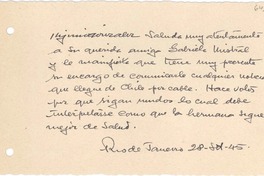 [Tarjeta] 1945 sept. 28, Rio de Janeiro, [Brasil] [a] Gabriela Mistral