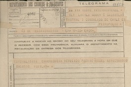 Telegrama 1945 nov. 23, Madrid, [España] [a] Lucila Godoy (Gabriela Mistral), Consulado de Chile en Petrópolis