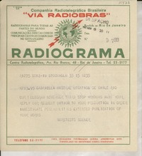 [Telegrama] 1954 Nov. 3, Stockholm, [Suecia] [a] Gabriella [i.e. Gabriela] Mistral, Legation de Chile, Rio, [Brasil]