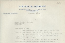 [Carta] 1945 Dec. 13, Stockholm, Sweden [a] Madame Gabriele [i.e. Gabriela] Mistral, Grand Hotel, Stockholm, [Sweden]