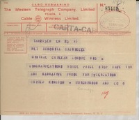 [Telegrama] 1945 Nov. 16, United Kingdom [a la] Señorita Gabrielle [i.e. Gabriela] Mistral, Rio, [Brasil]