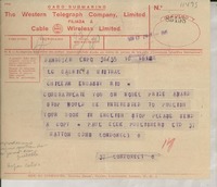 [Telegrama] 1945 Nov. 17, London, [England] [a] Gabriela Mistral, Rio, [Brasil]