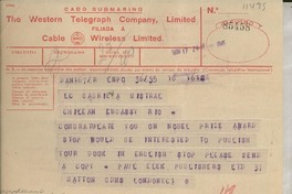 [Telegrama] 1945 Nov. 17, London, [England] [a] Gabriela Mistral, Rio, [Brasil]