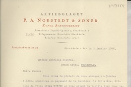 [Carta] 1946 janv. 3, Stockholm, [Suecia] [a] Madame Gabriela Mistral, Grand Hotel, Stockholm