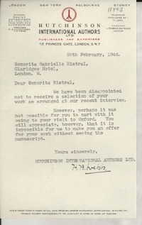 [Carta] 1946 Feb. 28, London, [England] [a la] Señorita Gabrielle [i.e. Gabriela] Mistral, Claridges Hotel, London, [England]