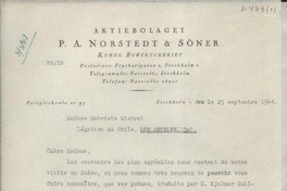 [Carta] 1946 sept. 25, Stockholm, [Suecia] [a] Madame Gabriela Mistral, Legation de Chile, Los Angeles, Cal.